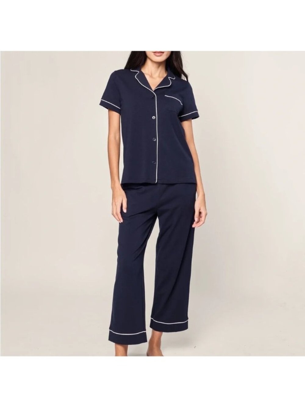 Petite Plume Navy Piped Pima Cotton Cropped Pajama Set SMALL S